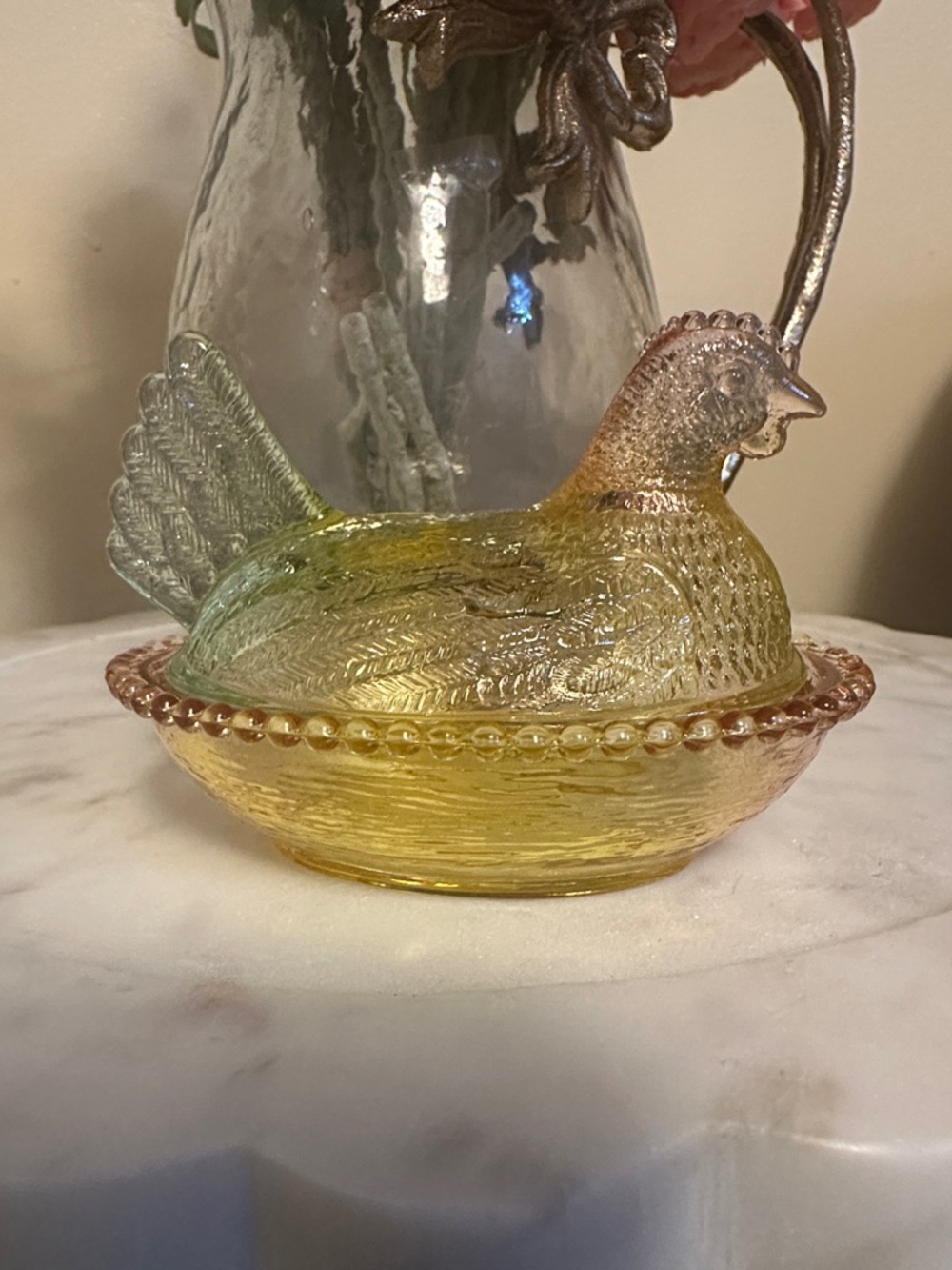 Yellow Glass Hen Covered Dish - Decorative Glass Centerpiece